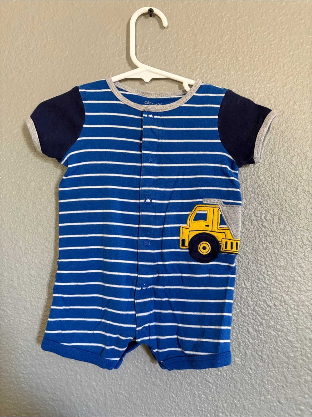 Blue & White Striped One-Piece with Yellow Truck Applique